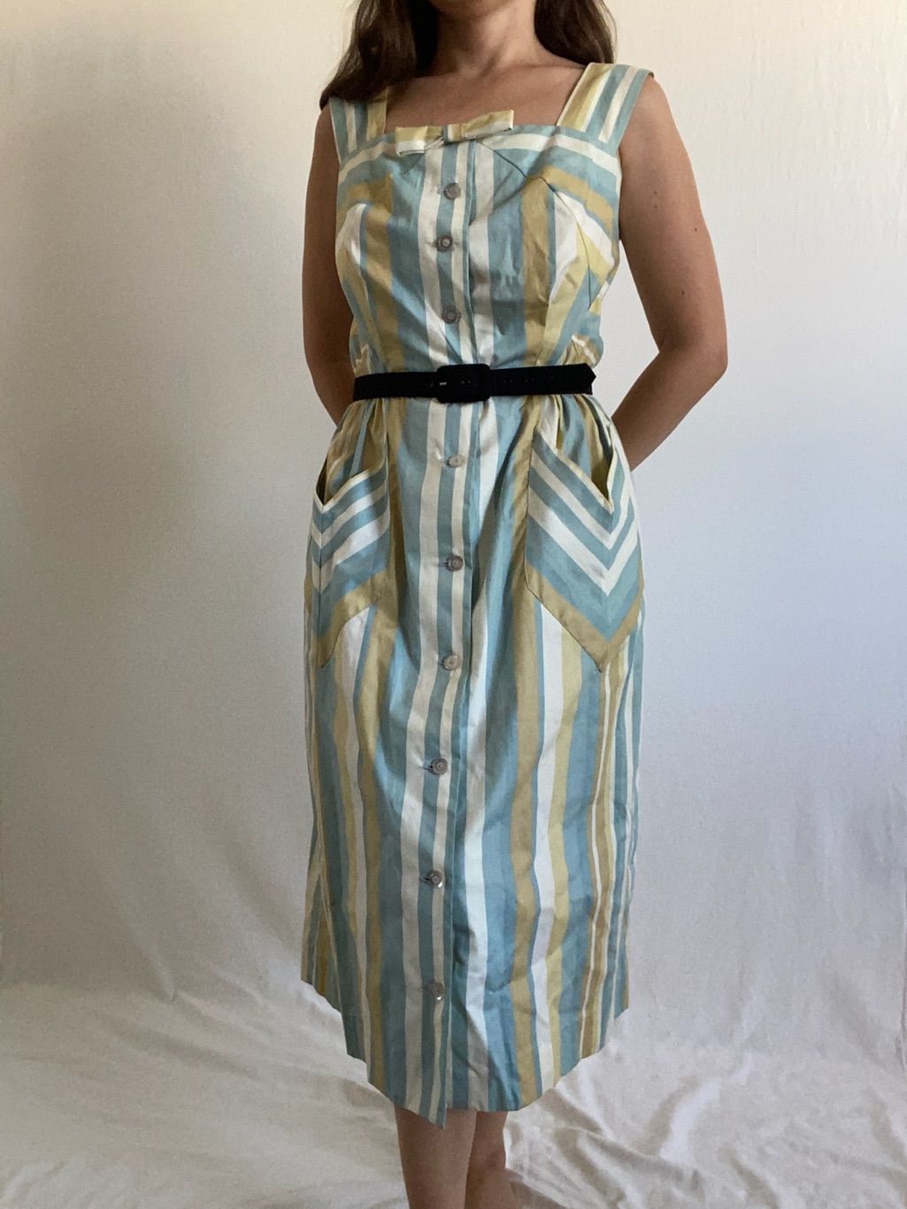 Vintage 60s 70s Better Half Striped Cotton Button Front Midi Dress